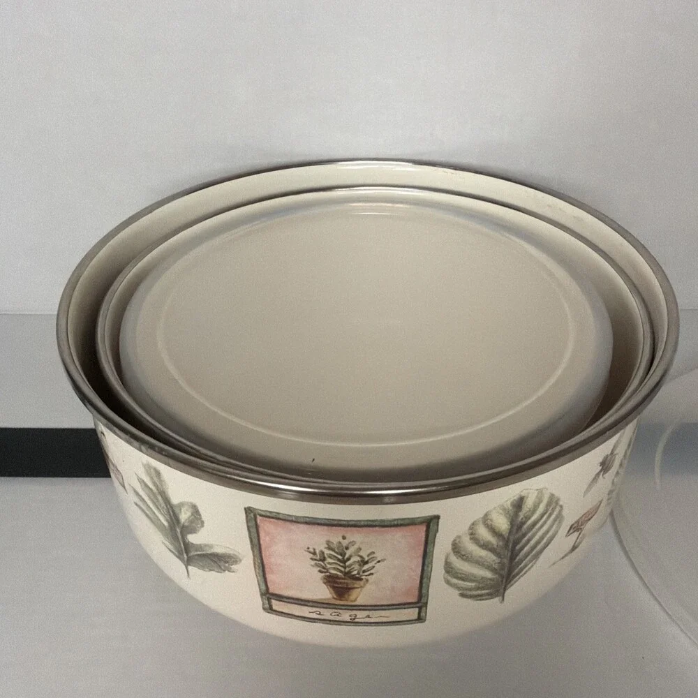 Pfaltzgraff Naturewood Set/3 Enamel Metal Nesting Storage Mixing Bowls 2 w/ Lids